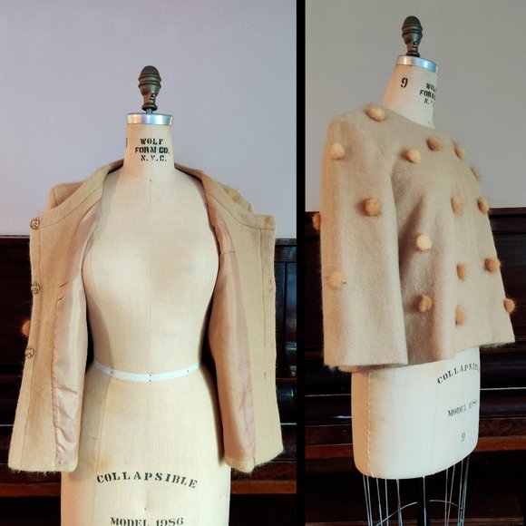 EUC Bess Tan Cropped Jacket with Furry Beige Pompoms – Small Veste Petit - Picture 2 of 7